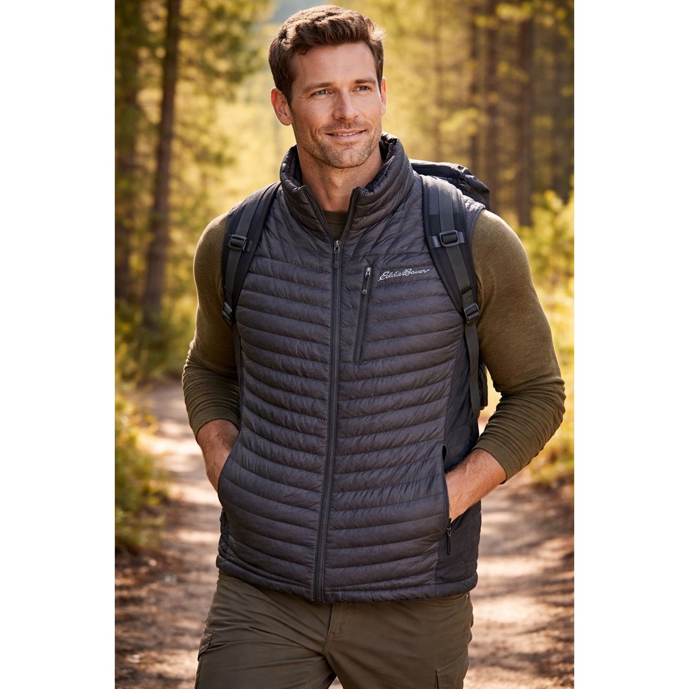 Eddie Bauer EB800 Mens‎ Down Puffer Vest Black Hybrid Stretch Quilted Full Zip L